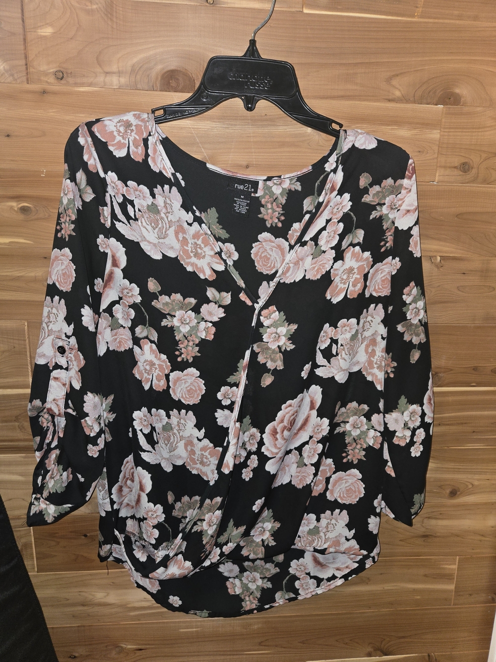 Rue21 Black Floral Faux-Wrap Blouse with Blush Roses